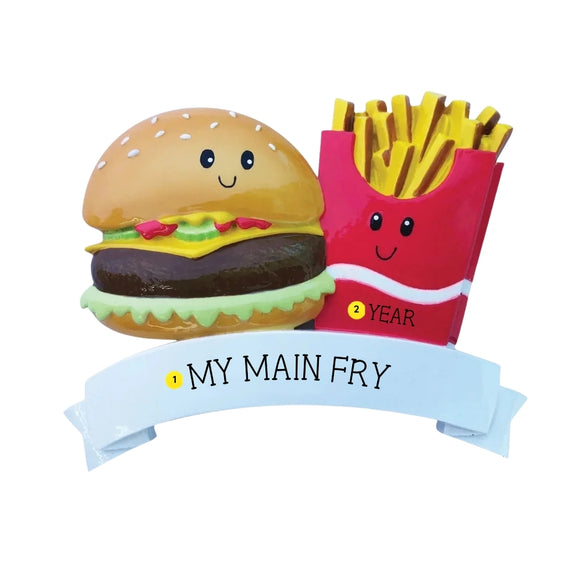 Burger and fries duo ornament personalizing example with “My Main Fry” on banner and year on fries carton