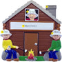 Personalized family ornament with a cabin and family members around a campfire.