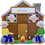 Personalized family ornament with a cabin and family members around a campfire.