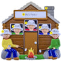 Personalized family ornament with a cabin and family members around a campfire.