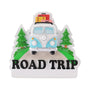 Personalized camper van road trip ornament with a blue and white van, stacked luggage, pine trees, and bold “Road Trip” lettering.