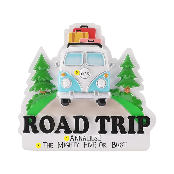 Personalized camper van road trip ornament with a name, travel phrase, and year written on the ornament.