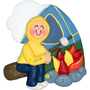 Figurine of a child in a yellow hoodie by a campfire and tent, personalized with with name and year on a white background.