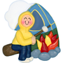 Colorful ornament of a child in a yellow hoodie by a campfire with a blue tent in the background.