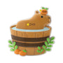 Personalized capybara ornament with a capybara relaxing in a barrel bath with oranges and greenery.