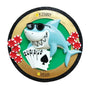 Personalized card shark ornament featuring a smiling blue shark wearing sunglasses with playing cards, red poker chips, and a name and year on the border.