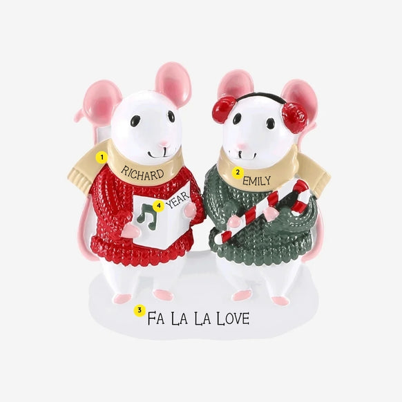 Personalized caroling mice couple ornament with names on the scarves, “Fa La La Love” on the base, and year on the songbook.