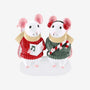 Caroling mice couple ornament with two white mice in red and green sweaters, scarves, and winter earmuffs.