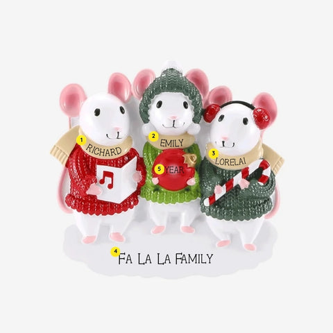 Personalized caroling mice family of 3 ornament with names on the scarves, “Fa La La Family” on the snowy base, and year on the ornament.