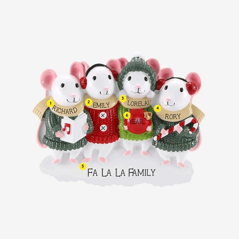 Personalized caroling mice family of 4 ornament with names on the scarves, “Fa La La Family” on the base, and year on the ornament.