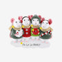 Personalized caroling mice family of 4 ornament with names on the scarves, “Fa La La Family” on the base, and year on the ornament.