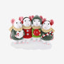 Caroling mice family of 4 ornament with white mice wearing red and green holiday sweaters, scarves, earmuffs, and holding a candy cane.
