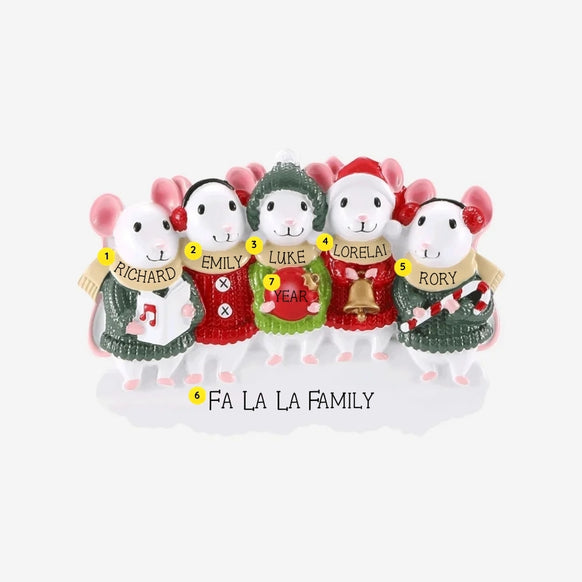Personalized caroling mice family of 5 ornament with names on each scarf, “Fa La La Family” on the base, and year on the ornament.