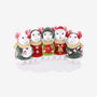 Caroling mice family of 5 ornament with white mice in festive sweaters, scarves, earmuffs, a winter hat, and a bell.