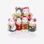 Caroling mice family of 6 ornament with white mice in red and green holiday sweaters, scarves, hats, earmuffs, and musical accents.