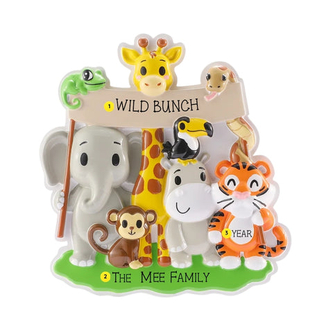 Personalized cartoon zoo animals ornament with a phrase on the banner, a family name on the grass, and the year on the tiger.