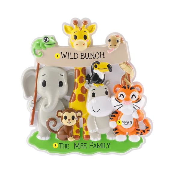 Personalized cartoon zoo animals ornament with a phrase on the banner, a family name on the grass, and the year on the tiger.