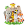 Personalized cartoon zoo animals ornament with a phrase on the banner, a family name on the grass, and the year on the tiger.