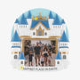 Personalized castle photo frame ornament with an example of “Happiest Place on Earth” written along the bottom and a year added near the gold crown.
