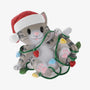 Gray cat ornament with a red Santa hat, pink paw pads, and a strand of colorful Christmas lights wrapped around its body.