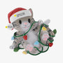 Personalized gray cat tangled in Christmas lights ornament with a pet name written on the Santa hat brim and a year added to the white pom-pom.