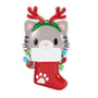 Cat ornament with reindeer antlers, colorful Christmas lights, a red stocking, and a white cuff for personalization.