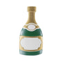 Champagne bottle ornament with green and gold detailing, a white bottle label for personalization, and a small oval label near the top.