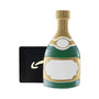 Champagne bottle money holder ornament with green and gold detailing, a white label for personalization, and a black slot for holding cash or a gift card.