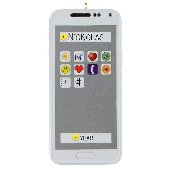Cell phone ornament with colorful app icons and text on a white background