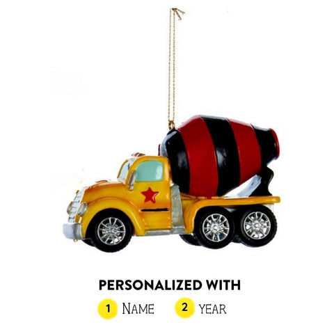 Yellow personalized cement mixer truck Christmas ornament with a red and black drum and space for a name and year.