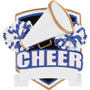 Blue cheer shield ornament with a megaphone, pom poms, and bold “CHEER” lettering on the front.