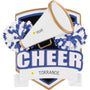 Personalized blue cheer shield ornament with a name on the banner and space for a year on the megaphone.
