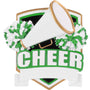 Green cheer shield ornament with a megaphone, pom poms, and bold “CHEER” lettering on the front.