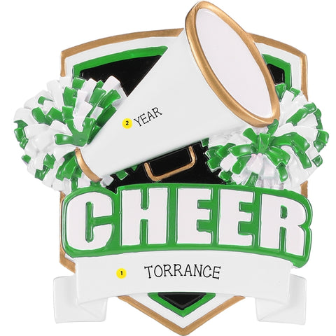 Personalized green cheer shield ornament with a name on the banner and space for a year on the megaphone.