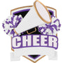Purple cheer shield ornament with a megaphone, pom poms, and bold “CHEER” lettering on the front.