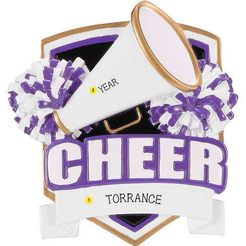 Personalized purple cheer shield ornament with a name on the banner and space for a year on the megaphone.