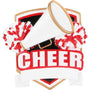 Red cheer shield ornament with a megaphone, pom poms, and bold “CHEER” lettering on the front.