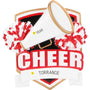 Personalized red cheer shield ornament with a name on the banner and space for a year on the megaphone.