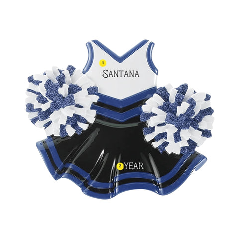 Personalized cheer uniform ornament with a cheerleader’s name written on the top and the year added to the skirt.