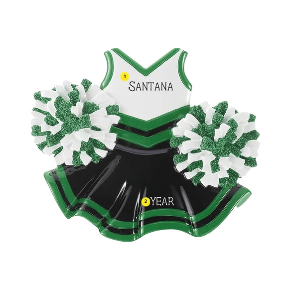 Personalized cheer uniform ornament with a cheerleader’s name written on the top and the year added to the skirt.