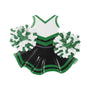 Cheer uniform ornament with a white top, black skirt, glitter pom poms, and colored trim.