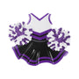 Cheer uniform ornament with a white top, black skirt, glitter pom poms, and colored trim.