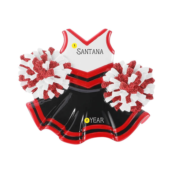 Personalized cheer uniform ornament with a cheerleader’s name written on the top and the year added to the skirt.