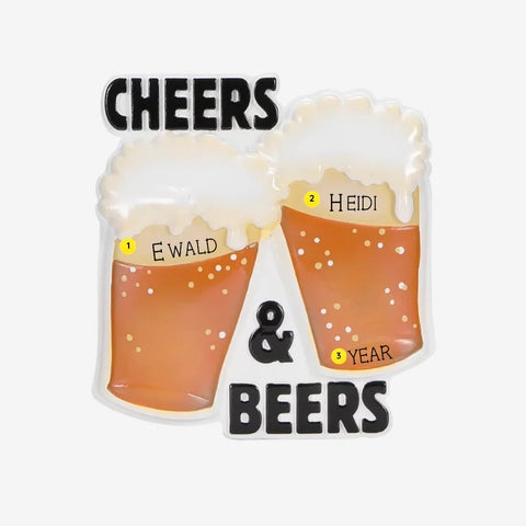 Personalized Cheers & Beers ornament with two frothy beer glasses, two names, and year