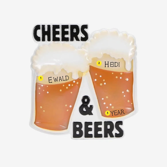 Personalized Cheers & Beers ornament with two frothy beer glasses, two names, and year