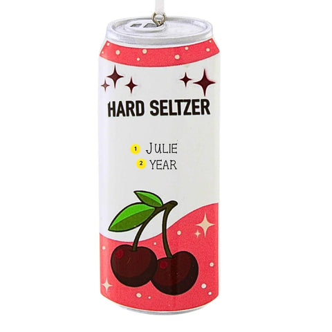 Personalized cherry hard seltzer can ornament with a name and year on the front.