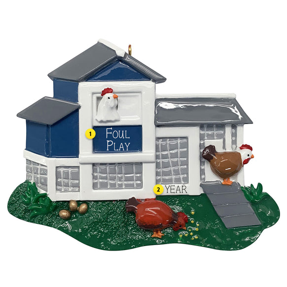 Decorative ornament of a chicken coop with chickens on a white background