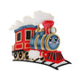 Choo choo train ornament with a smiling face, red cab, blue engine, gold accents, steam clouds, and train tracks.