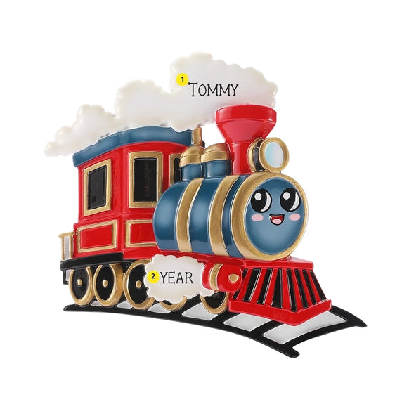 Personalized choo choo train ornament with a name on the steam cloud and year on the smaller steam puff.
