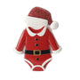 Christmas baby onesie ornament with a red Santa-style outfit, black belt, white trim, and glittery Santa hat.
